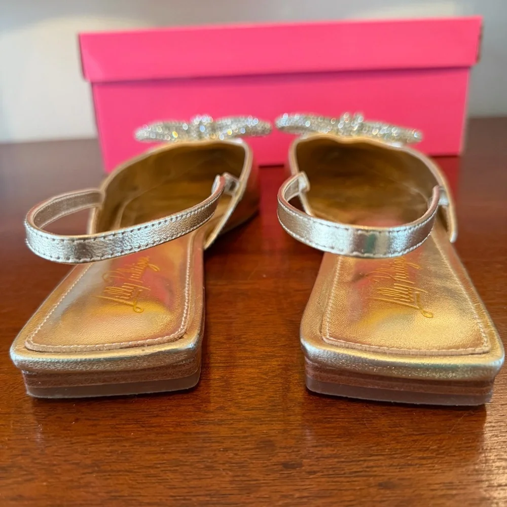 Lilly Pulitzer Brit Gold Rhinestone Bow Slingback Flats Size 9